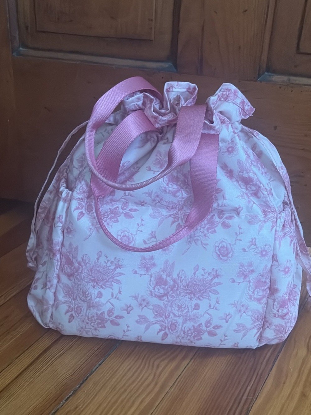 Pink Floral Drawstring Tote Bag